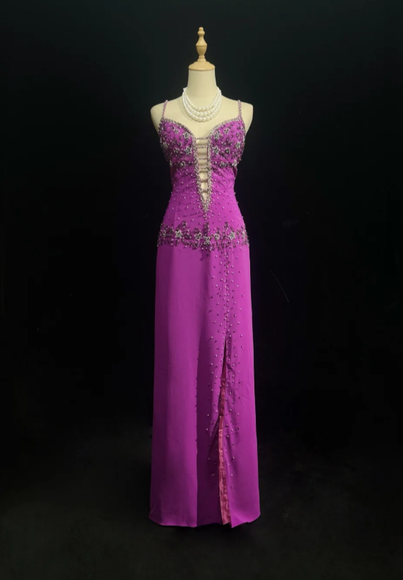 Gorgeous Sheath Long Prom Dress  Spaghetti Straps Purple Birthday Dress, Beaded Chiffon Sweet 16 Dress ED05388