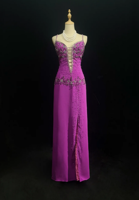 Gorgeous Sheath Long Prom Dress  Spaghetti Straps Purple Birthday Dress, Beaded Chiffon Sweet 16 Dress ED05388