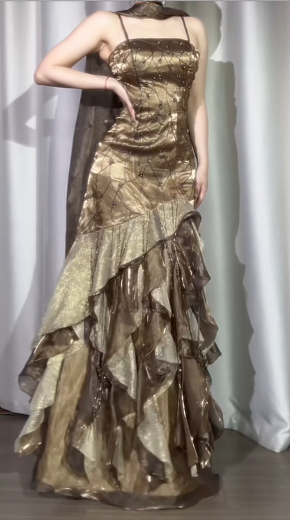 Gorgeous Sheath Long Prom Dress Spaghetti Straps Birthday Dress, Beaded Silk Formal Dresses ED05389