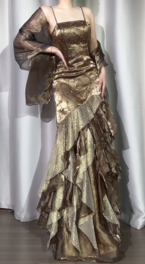 Gorgeous Sheath Long Prom Dress Spaghetti Straps Birthday Dress, Beaded Silk Formal Dresses ED05389