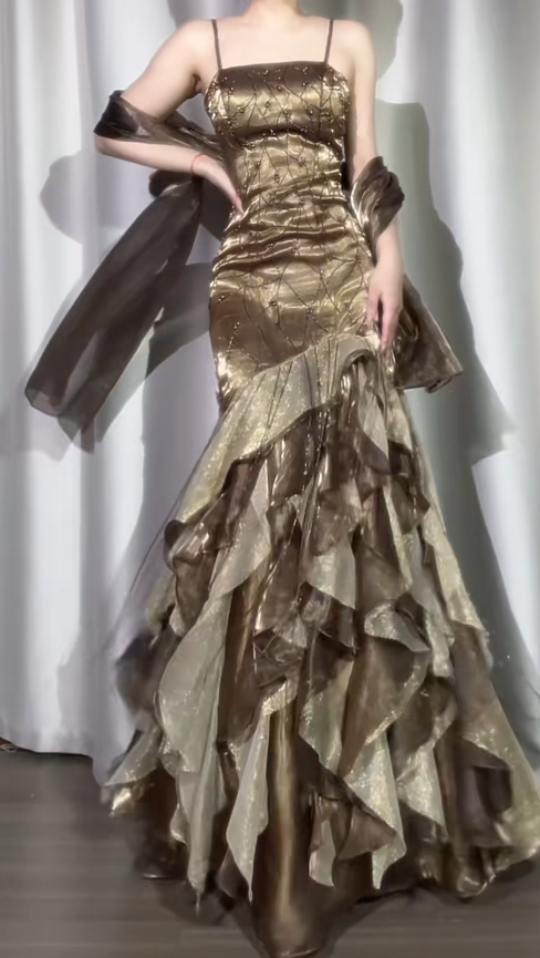 Gorgeous Sheath Long Prom Dress Spaghetti Straps Birthday Dress, Beaded Silk Formal Dresses ED05389