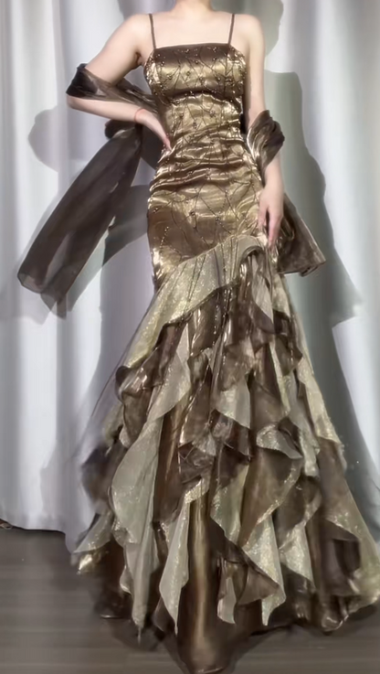 Gorgeous Sheath Long Prom Dress Spaghetti Straps Birthday Dress, Beaded Silk Formal Dresses ED05389