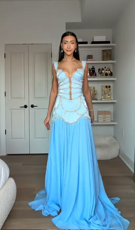 Chic Sheath Two-Piece Prom Dress Straps Satin Tulle Sleeveless Formal Dresses Blue Long Evening Dresses  ED05392
