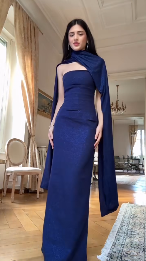 Chic Sheath Prom Dress Strapless Glitter Satin  Sleeveless Formal Dresses Navy Blue Long Evening Dresses with Scraf  ED05393
