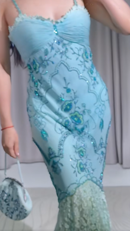 Vintage Mermaid Prom Dress Spaghetti Straps Beaded Lace Sleeveless Formal Dresses Blue Long Evening Dresses   ED05394