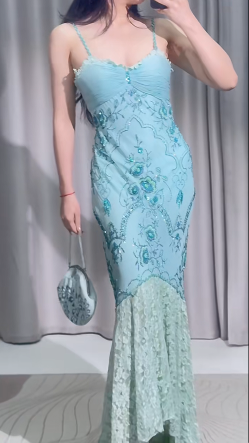 Vintage Mermaid Prom Dress Spaghetti Straps Beaded Lace Sleeveless Formal Dresses Blue Long Evening Dresses   ED05394