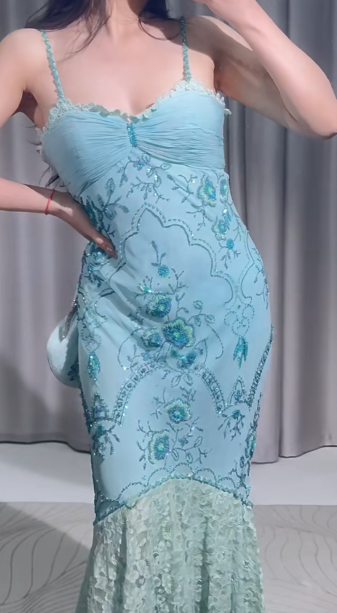 Vintage Mermaid Prom Dress Spaghetti Straps Beaded Lace Sleeveless Formal Dresses Blue Long Evening Dresses   ED05394