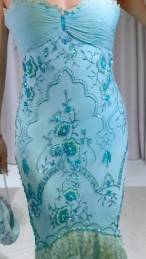 Vintage Mermaid Prom Dress Spaghetti Straps Beaded Lace Sleeveless Formal Dresses Blue Long Evening Dresses   ED05394