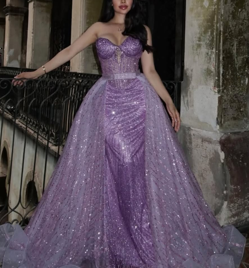 Glitter Sheath Long Prom Dress Sweetheart Neck Seuqins Tulle Formal Dresses Purple  Evening Dresses   ED05397