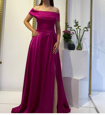 Chic Sheath Long Prom Dress Off-shoulder Satin Formal Dresses Fuchisa  Evening Dresses with Slits   ED05398
