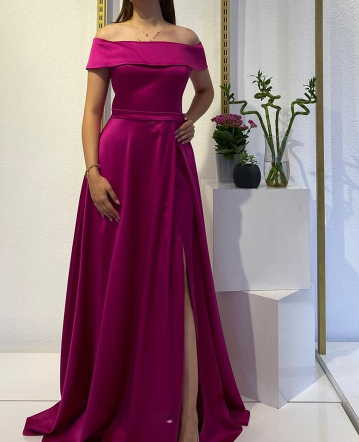 Chic Sheath Long Prom Dress Off-shoulder Satin Formal Dresses Fuchisa  Evening Dresses with Slits   ED05398