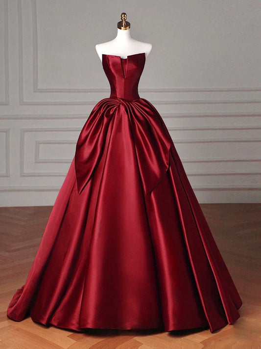 Robe de bal longue simple en satin bordeaux, coupe trapèze, robe de soirée longue bordeaux ED054
