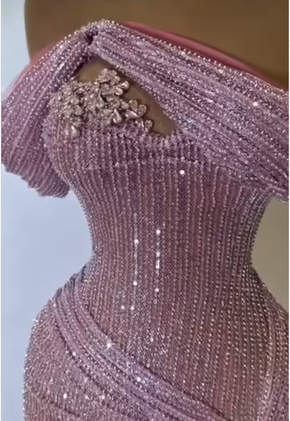 Chic Sheath Long Prom Dress Off-shoulder Beaded Sequins Formal Dresses Pink Evening Dresses  ED05400