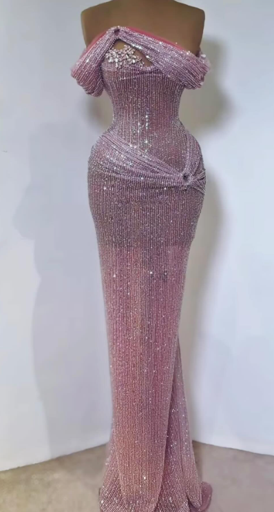 Chic Sheath Long Prom Dress Off-shoulder Beaded Sequins Formal Dresses Pink Evening Dresses  ED05400