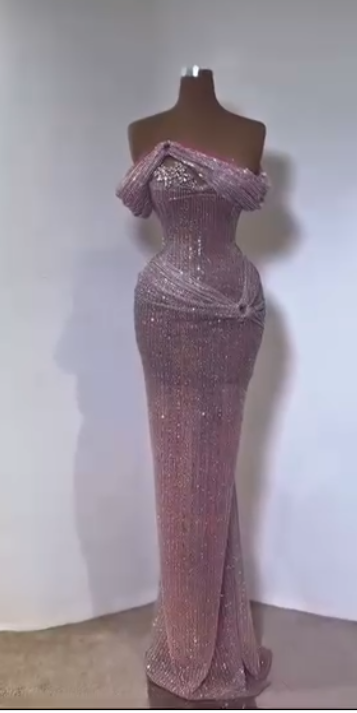 Chic Sheath Long Prom Dress Off-shoulder Beaded Sequins Formal Dresses Pink Evening Dresses  ED05400