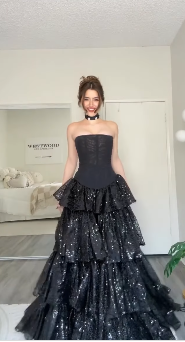 Gorgeous A-Line Long Prom Dress, Strapless Tulle Sequins Evening Gown, Sleeveless Black Birthday Dress ED05401