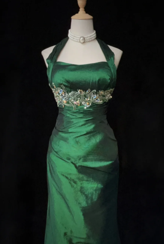 Gorgeous Sheath Green Long Prom Dress, Strapless Beaded Satin Evening Gown, Sleeveless Green Birthday Dresses ED05403