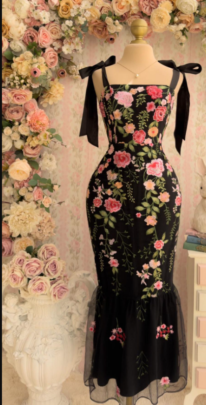 Gorgeous Mermaid Black Long Prom Dress, Straps Tulle Floral Birthday Dresses Black Short Evening Dresses ED05405