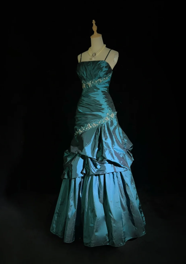 Fairy A-Line Teal Long Prom Dress, Spaghetti Straps Satin Beaded Formal  Dresses Teal Evening Dresses  ED05408