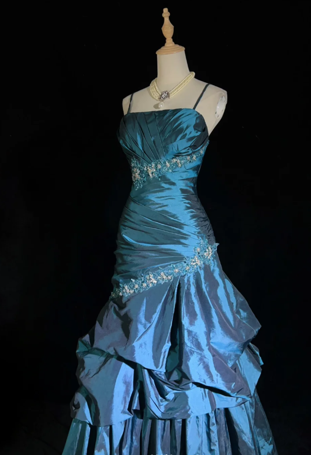 Fairy A-Line Teal Long Prom Dress, Spaghetti Straps Satin Beaded Formal  Dresses Teal Evening Dresses  ED05408