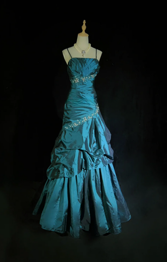Fairy A-Line Teal Long Prom Dress, Spaghetti Straps Satin Beaded Formal  Dresses Teal Evening Dresses  ED05408
