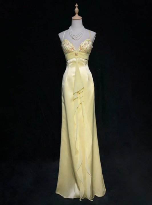 Fairy Sheath Yellow Long Prom Dress, Spaghetti Straps Satin Beaded Birtdhay Dresses Yellow Evening Dresses  ED05409