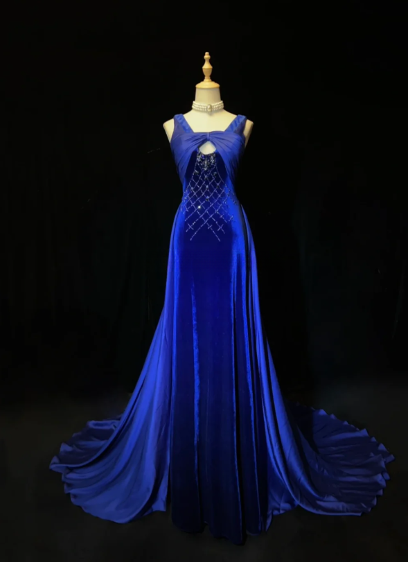 Fairy Sheath Blue Long Prom Dress, Straps Velvet Formal Dresses Sleeveless Blue Evening Dresses ED05410