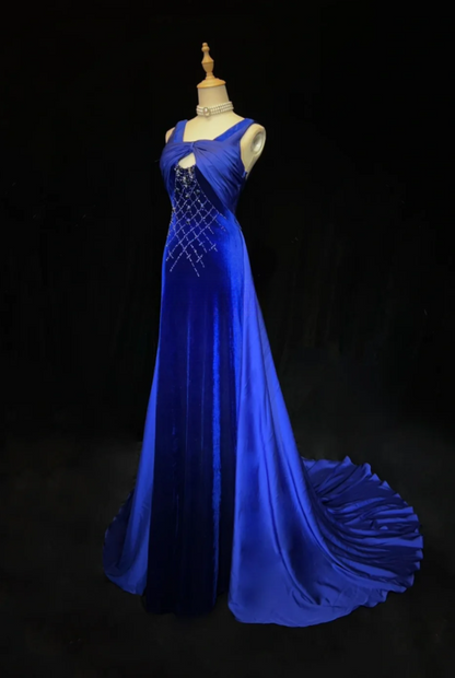Fairy Sheath Blue Long Prom Dress, Straps Velvet Formal Dresses Sleeveless Blue Evening Dresses ED05410