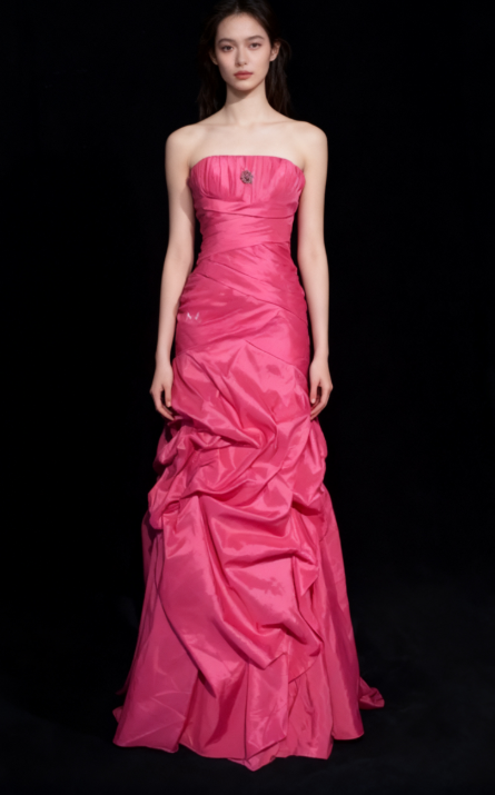 Fairy Hot Pink Long Birthday Dresses Sheath Prom Dress, Strapless Satin Sleeveless Evening Dresses ED05411