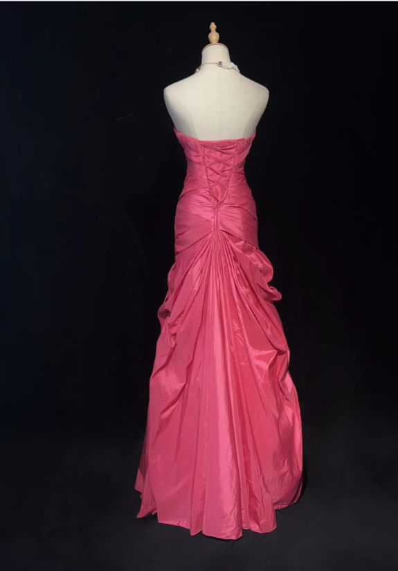 Fairy Hot Pink Long Birthday Dresses Sheath Prom Dress, Strapless Satin Sleeveless Evening Dresses ED05411