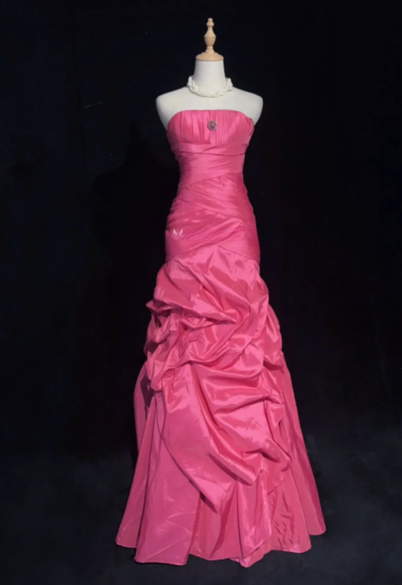 Fairy Hot Pink Long Birthday Dresses Sheath Prom Dress, Strapless Satin Sleeveless Evening Dresses ED05411
