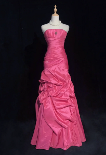Fairy Hot Pink Long Birthday Dresses Sheath Prom Dress, Strapless Satin Sleeveless Evening Dresses ED05411