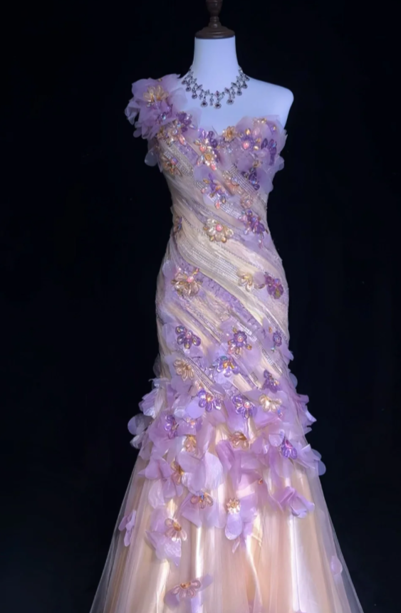 Fairy Applique Long Birthday Dresses Sheath Prom Dress, One Shoulder Tulle Sleeveless Evening Dresses  ED05412