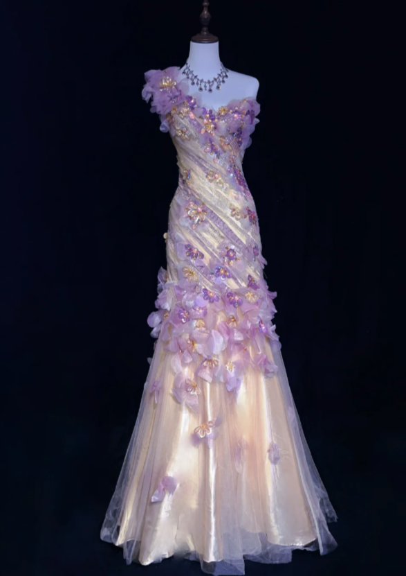 Fairy Applique Long Birthday Dresses Sheath Prom Dress, One Shoulder Tulle Sleeveless Evening Dresses  ED05412