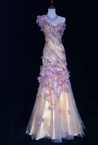 Fairy Applique Long Birthday Dresses Sheath Prom Dress, One Shoulder Tulle Sleeveless Evening Dresses  ED05412