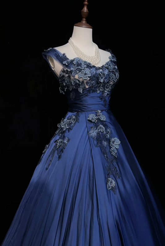 Fairy Blue Long Birthday Dresses A-Line Prom Dress, Straps Satin Sleeveless Evening Dresses ED05413