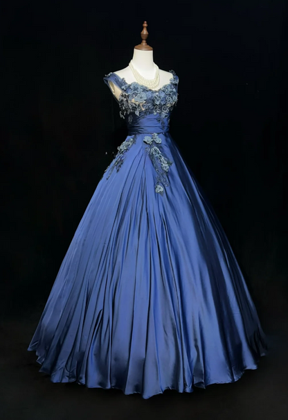 Fairy Blue Long Birthday Dresses A-Line Prom Dress, Straps Satin Sleeveless Evening Dresses ED05413