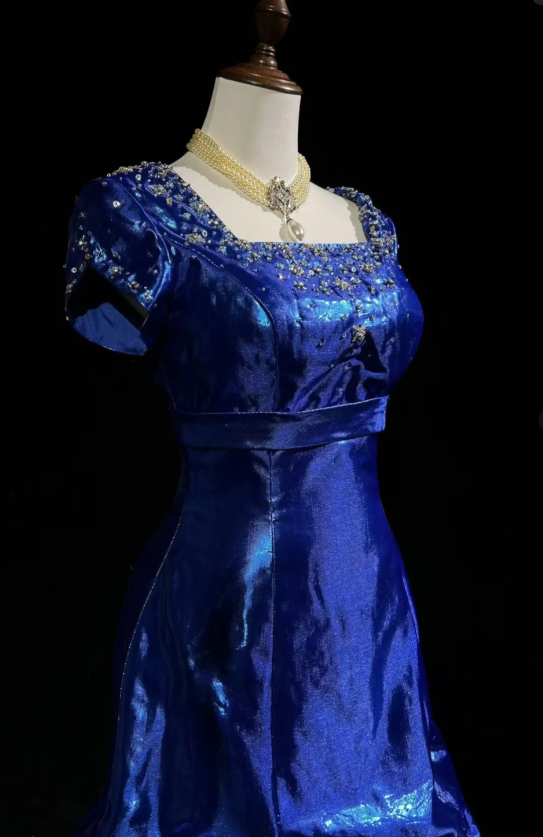 Fairy Blue Long Birthday Dresses Sheath Prom Dress, Square Neck Satin Sleeves Evening Dresses  ED05414