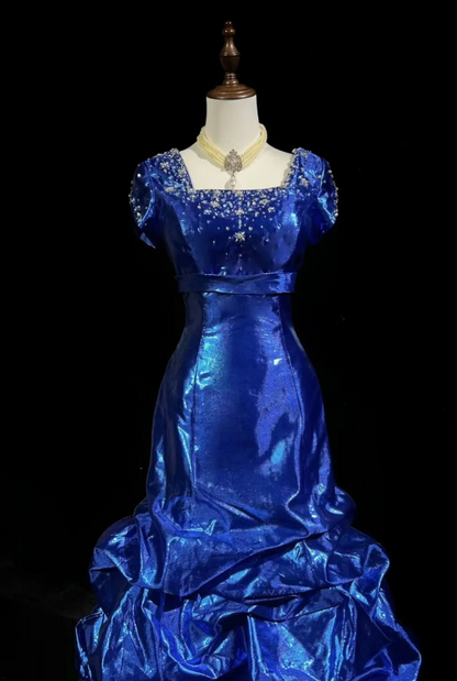 Fairy Blue Long Birthday Dresses Sheath Prom Dress, Square Neck Satin Sleeves Evening Dresses  ED05414