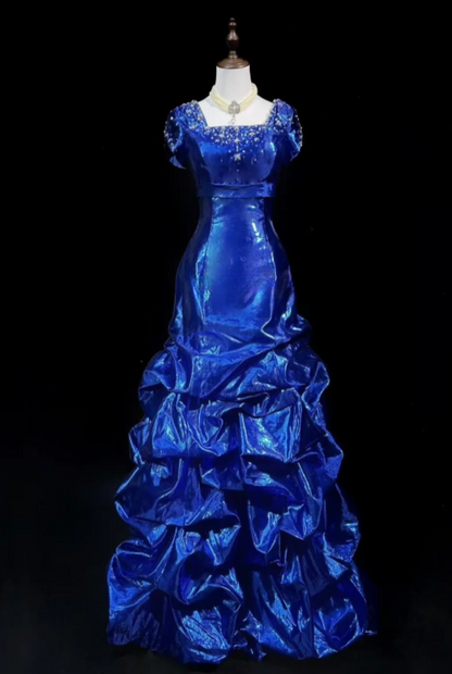 Fairy Blue Long Birthday Dresses Sheath Prom Dress, Square Neck Satin Sleeves Evening Dresses  ED05414