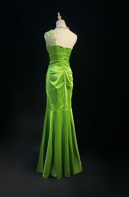 Fairy Green Long Birthday Dresses Sheath Prom Dress, One-shoulder Satin Sleeves Evening Dresses  ED05415