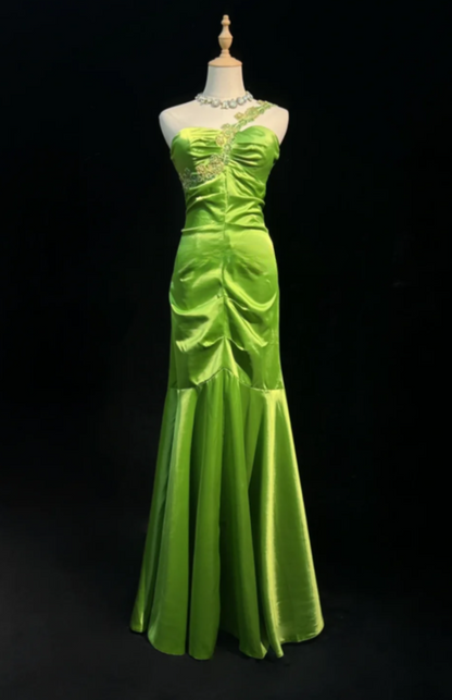 Fairy Green Long Birthday Dresses Sheath Prom Dress, One-shoulder Satin Sleeves Evening Dresses  ED05415