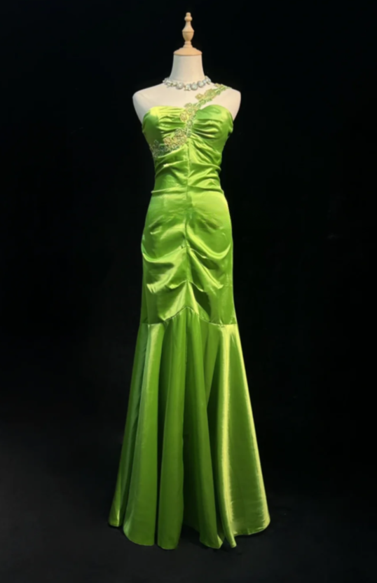 Fairy Green Long Birthday Dresses Sheath Prom Dress, One-shoulder Satin Sleeves Evening Dresses  ED05415