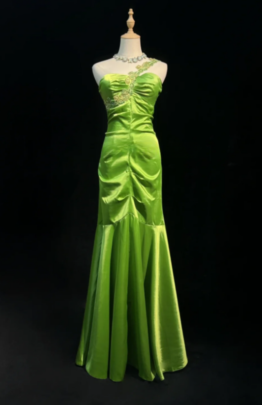 Fairy Green Long Birthday Dresses Sheath Prom Dress, One-shoulder Satin Sleeves Evening Dresses  ED05415