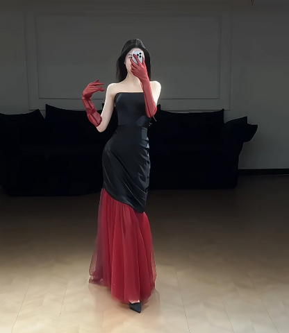 Simple Black Sheath Long Prom Dresses Strapless Evening Dresses Sleeveless Black Formal Dresses ED05418