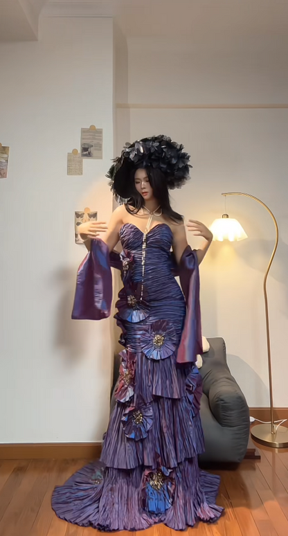 Fairy Purple Sheath Long Prom Dresses Strapless Evening Dresses Sleeveless Purple Formal Dresses ED05419