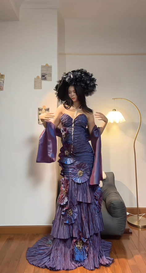 Fairy Purple Sheath Long Prom Dresses Strapless Evening Dresses Sleeveless Purple Formal Dresses ED05419