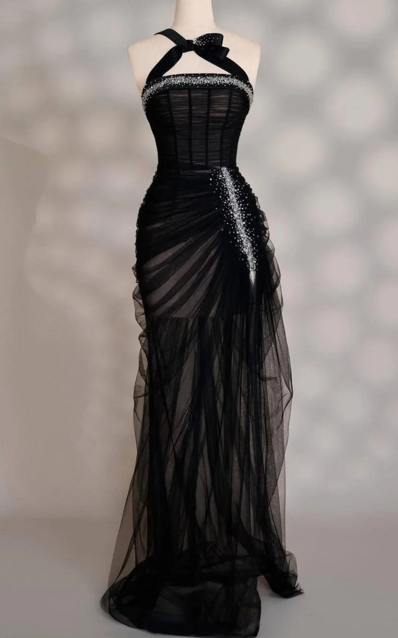 Elegant Sheath Black Evening Dresses One-shoulder Tulle Long Prom Dresses Sleeveless Black Party Dresses ED05421