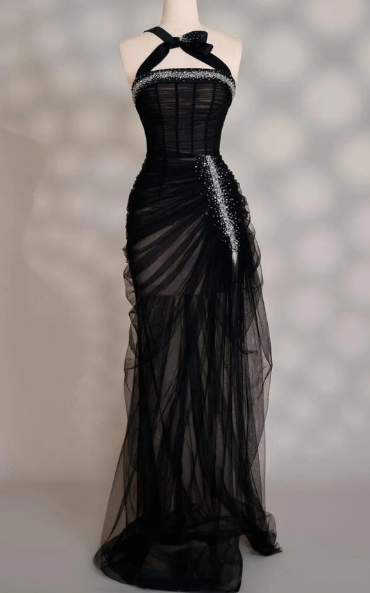 Elegant Sheath Black Evening Dresses One-shoulder Tulle Long Prom Dresses Sleeveless Black Party Dresses ED05421