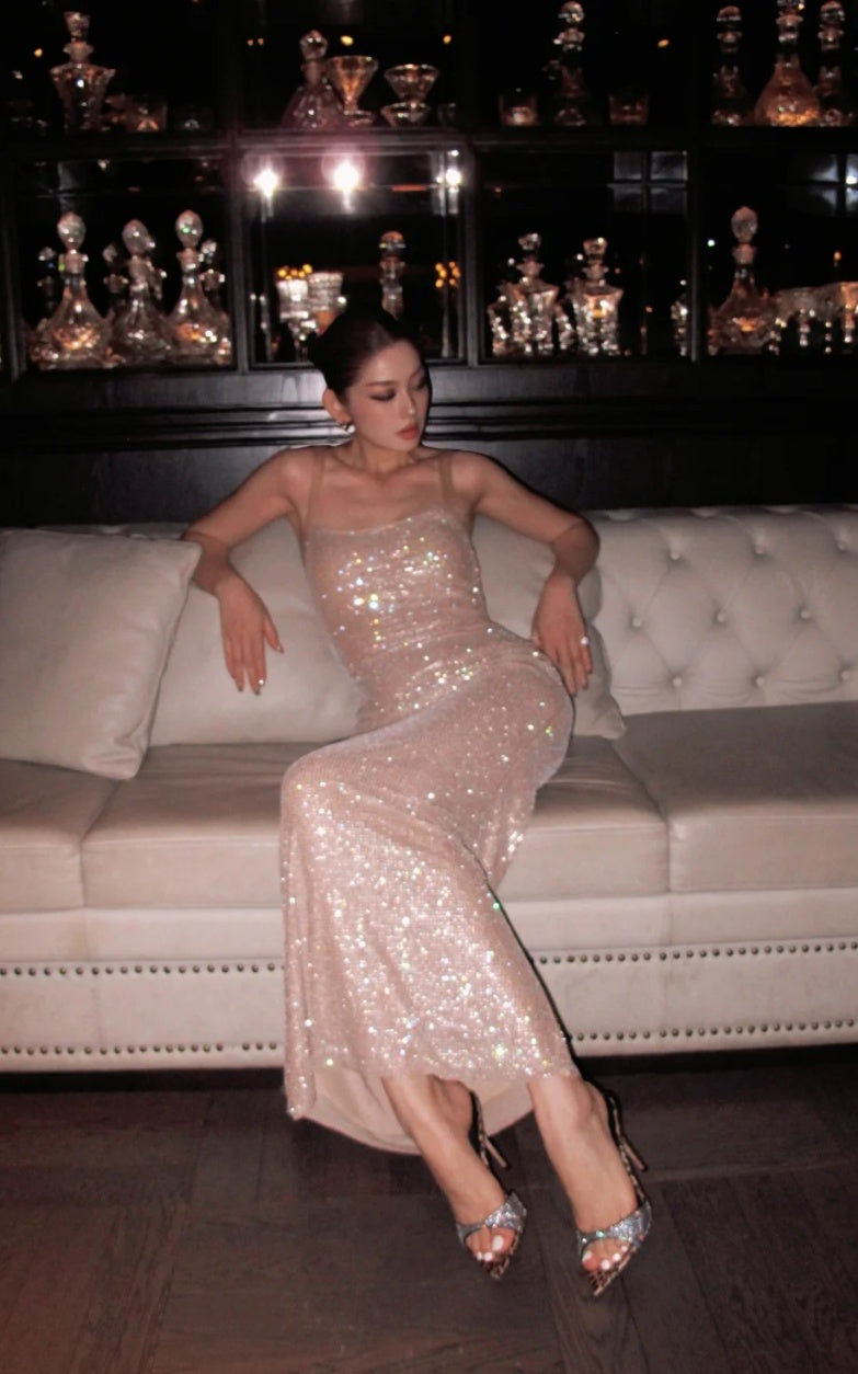 Elegant Sheath Champagne Evening Dresses Sheer Straps Chiffon Long Prom Dresses Backless Champagne Party Dresses ED05422